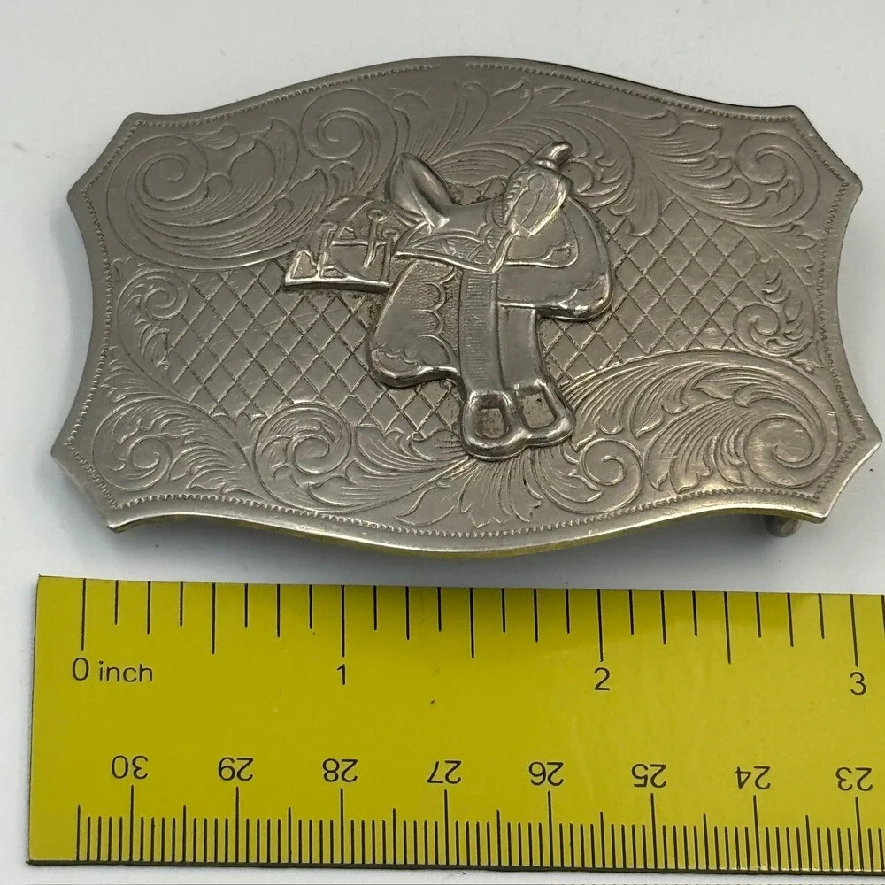 Vintage Western Horse Saddle Belt Buckle Solid Brass Silver Tone Engraved Floral